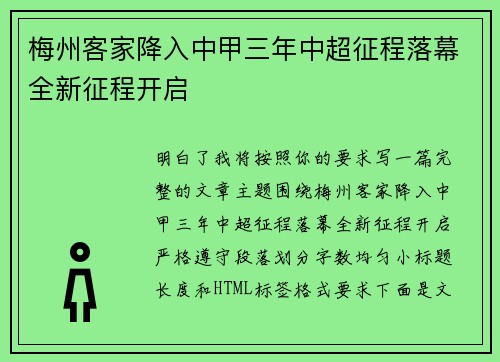梅州客家降入中甲三年中超征程落幕全新征程开启 梅州客家降入中甲三年中超征程落幕全新征程开启